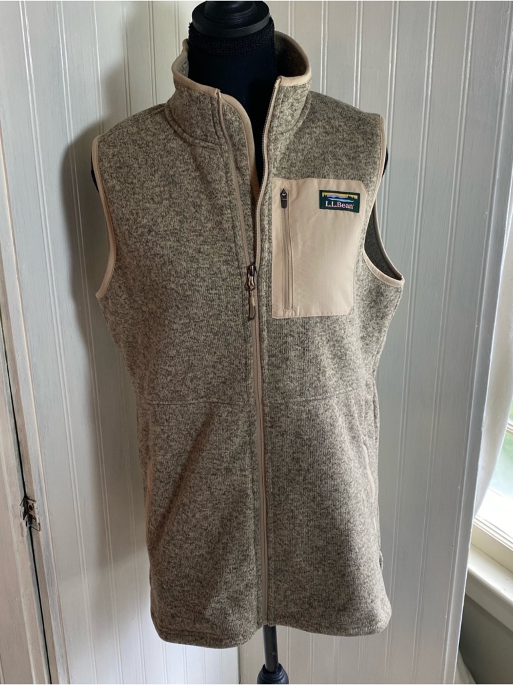 L.L. Bean Heathered Taupe Sweater Fleece Long Vest with Zippered Chest Pocket M